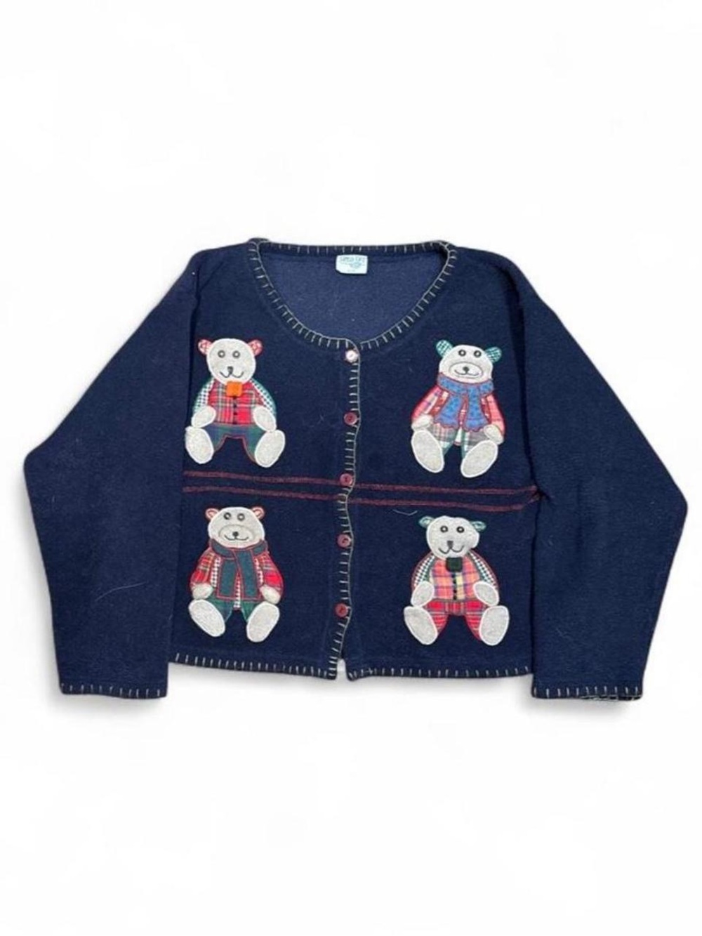 Vintage Cottage Cove Teddy Bear Embroidered Cardigan Fleece Sweater